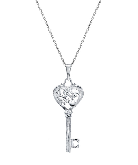 The Sterling Silver Key To My Heart Pendant Necklace, 18", features a detailed key with a heart-shaped top and an “E” at the tip, making it a charming, meaningful accessory.