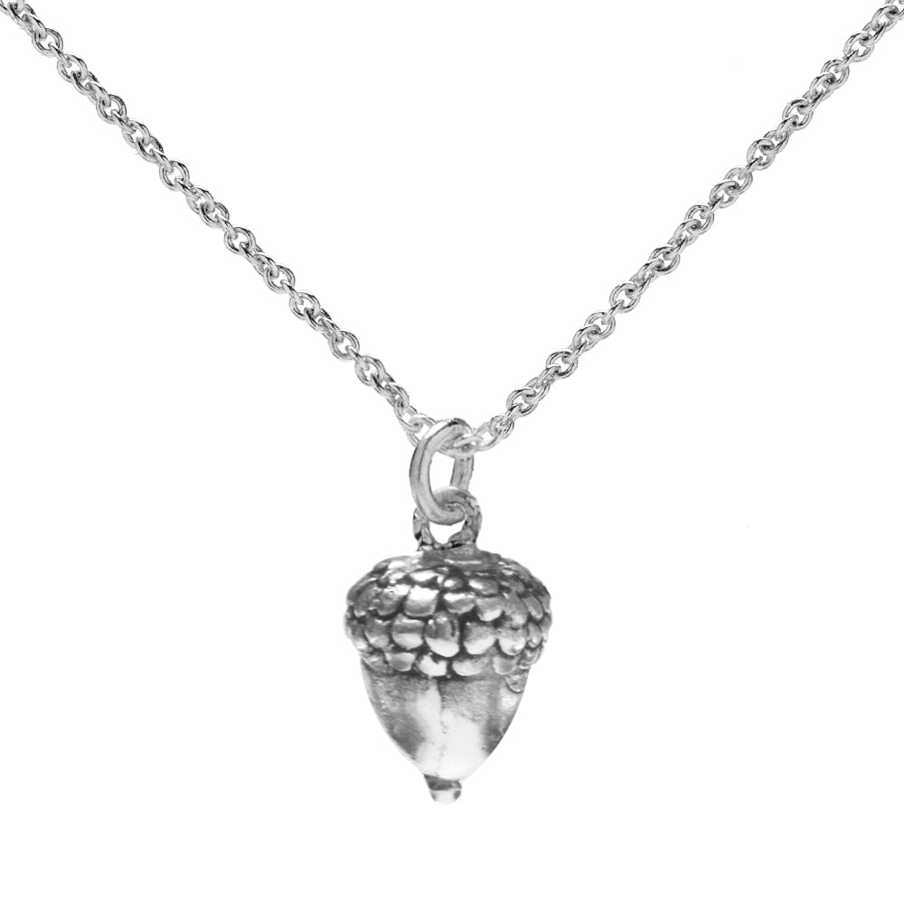 The Sterling Silver Acorn Pendant Necklace, 18", features a delicate chain and nature-inspired charm, elegantly displayed on a white background.
