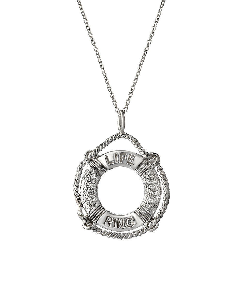 The Sterling Silver Life Ring Saver Preserver Lifeguard Pendant Necklace features a lifebuoy-shaped pendant engraved with "LIFE RING" and rope-like edges, offering classic maritime style in lifesaver jewelry.