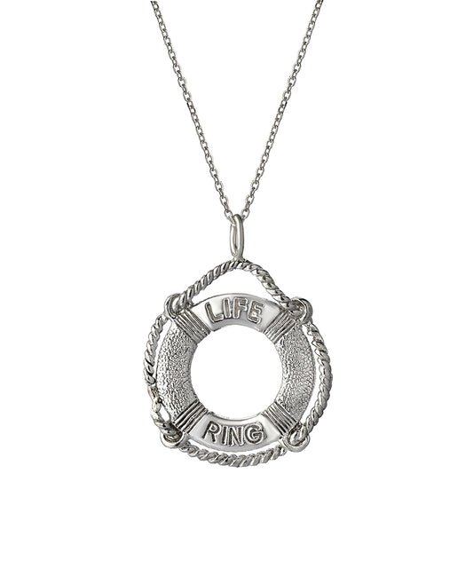 The Sterling Silver Life Ring Saver Preserver Lifeguard Pendant Necklace features a lifebuoy-shaped pendant engraved with "LIFE RING" and rope-like edges, offering classic maritime style in lifesaver jewelry.