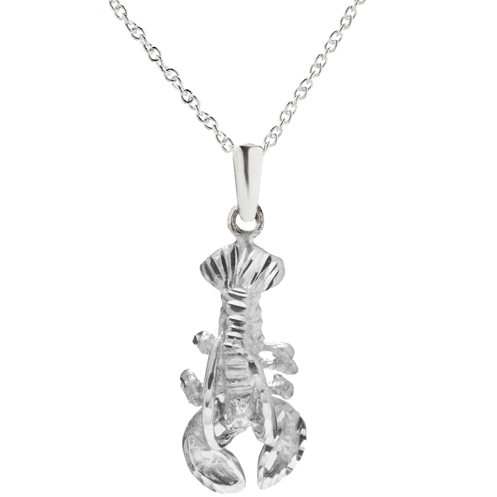 The Sterling Silver Lobster Pendant Necklace, 18", is an ideal nautical jewelry piece for ocean lovers, displayed against a white background.