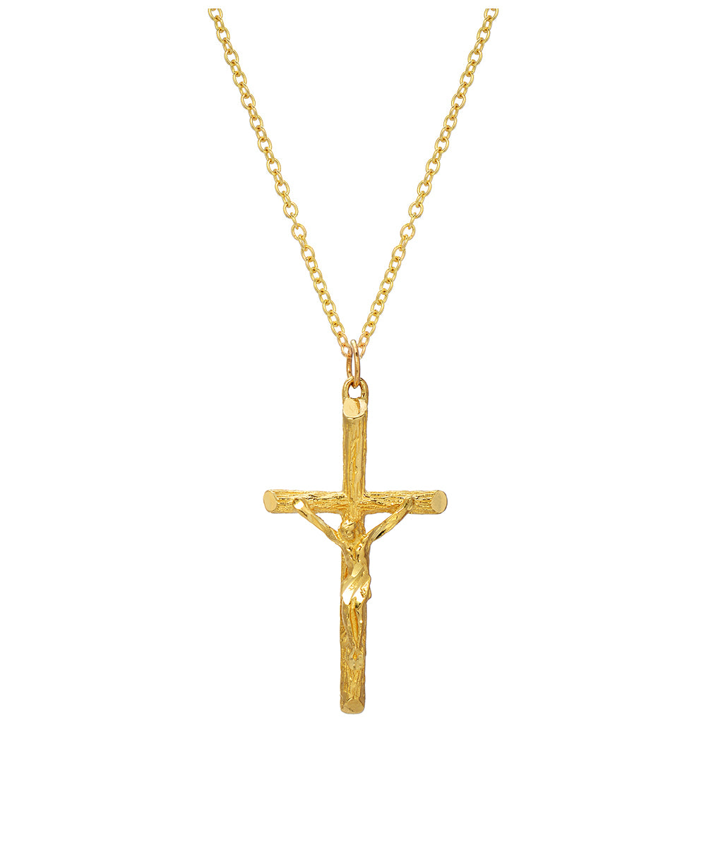 A 14 Karat Yellow Gold Cross Crucifix Pendant Necklace featuring Jesus on the cross, displayed against a plain white background.