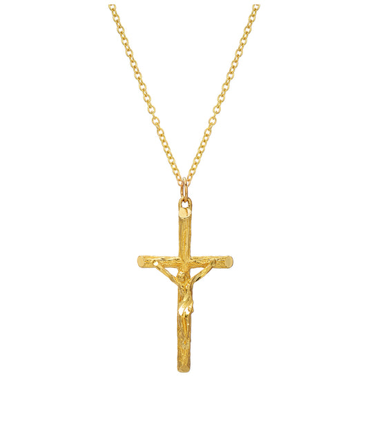 A 14 Karat Yellow Gold Cross Crucifix Pendant Necklace featuring Jesus on the cross, displayed against a plain white background.