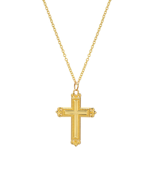 An 18" 14 Karat yellow gold Fleur cross pendant necklace showcased on an Italian rolo chain against a white background.