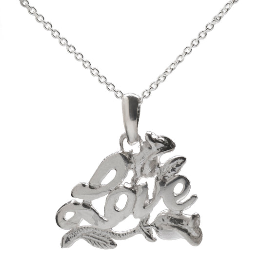 The Sterling Silver Love and Rose Pendant Necklace, 18", features a cursive "Love" with floral rose details—an elegant love necklace with a sterling silver finish.