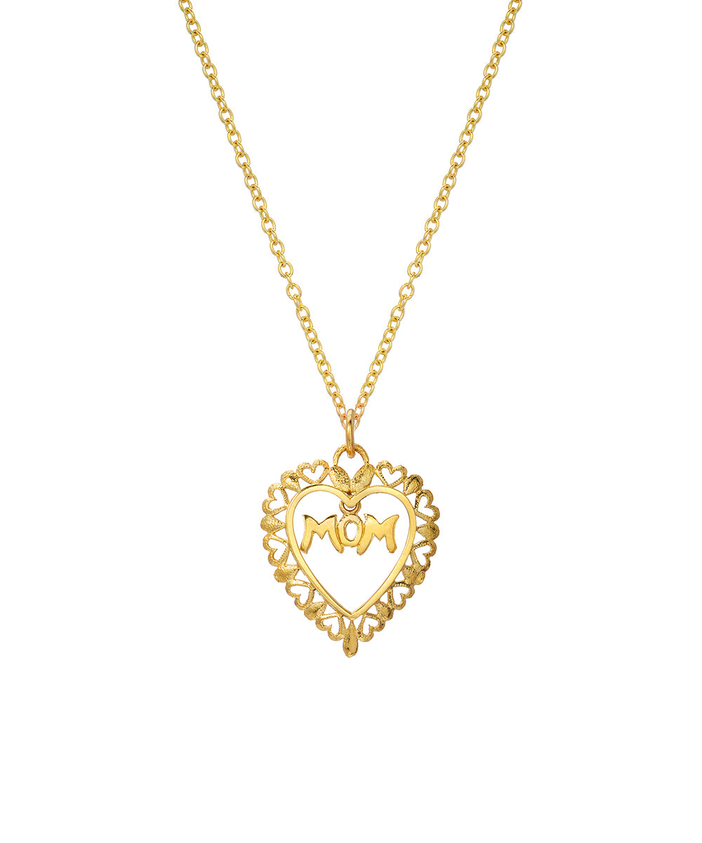 14 Karat yellow gold floating "Mom in Heart" pendant necklace, 18", shown on a white background.
