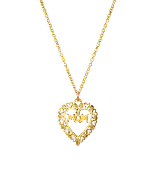14 Karat yellow gold floating "Mom in Heart" pendant necklace, 18", shown on a white background.