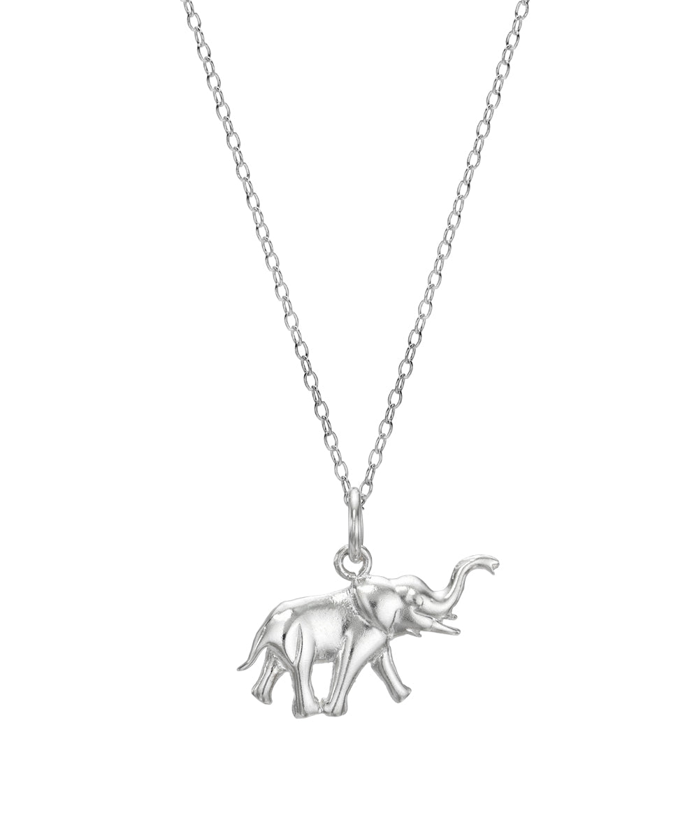 The Sterling Silver Elephant Pendant Necklace features a delicate chain and a small, detailed elephant pendant with its trunk raised.