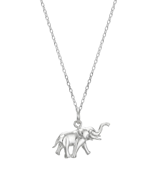 The Sterling Silver Elephant Pendant Necklace features a delicate chain and a small, detailed elephant pendant with its trunk raised.