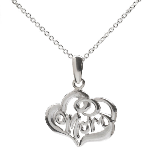 The Sterling Silver Mom Necklace features a heart-shaped "Mom" pendant in an elegant design, making it a perfect and thoughtful Mother’s Day gift.