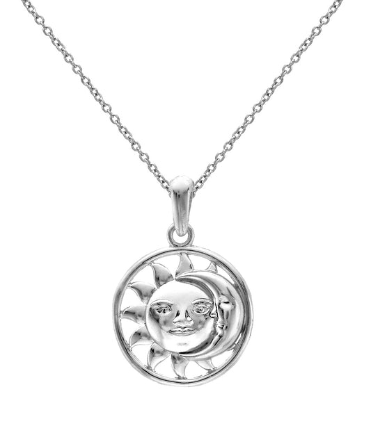 The Sterling Silver Celestial Sun and Crescent Moon Pendant Necklace, 18", features a human-faced sun encircling a crescent moon for an elegant celestial look on a delicate chain.
