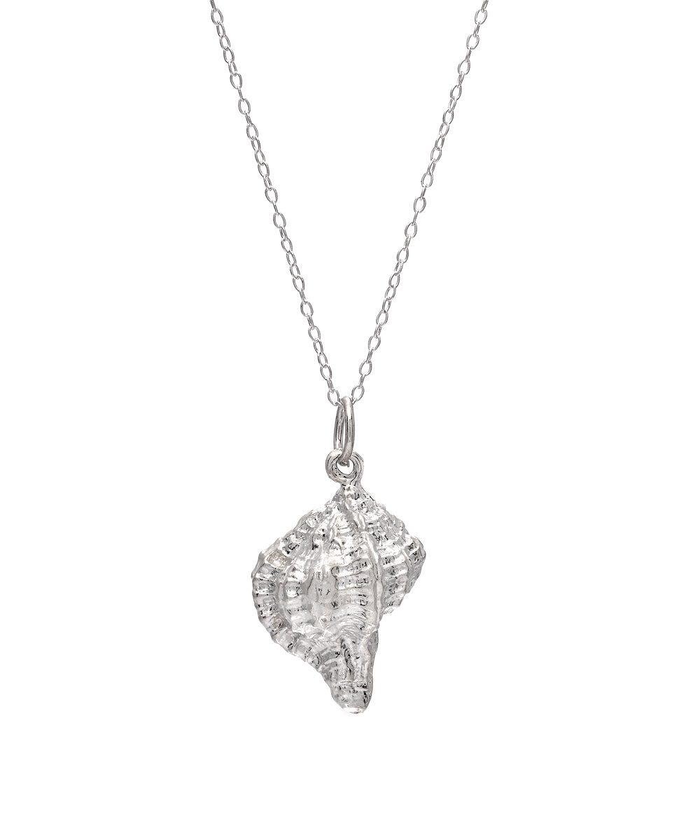 The Sterling Silver Conch Shell Pendant Necklace features a detailed ocean-inspired conch shell on a fine chain, beautifully displayed against a white background.