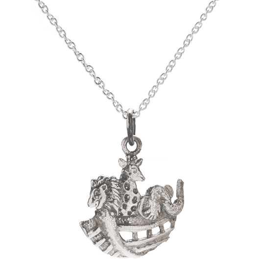 The Sterling Silver Noah's Ark Pendant Necklace, 18", features a detailed ark with giraffe and horse figures—an inspiring piece of faith jewelry.