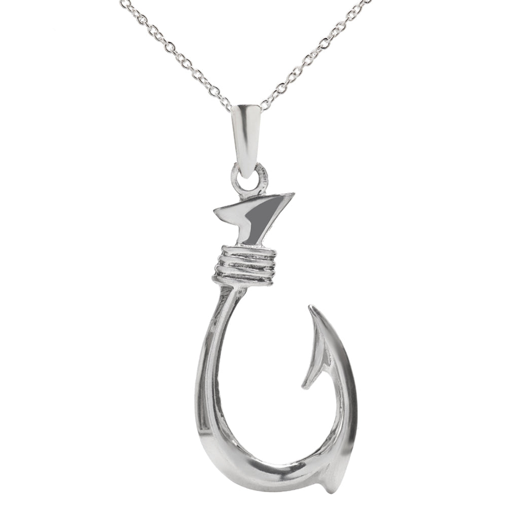 The Sterling Silver Fish Hook Pendant Necklace, 18", features a polished 925 silver fish hook with a small shark detail—an elegant and unique piece of nautical jewelry.