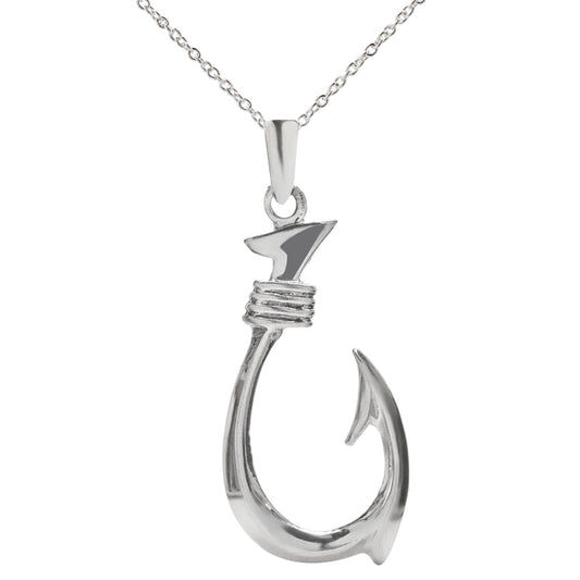 The Sterling Silver Fish Hook Pendant Necklace, 18", features a polished 925 silver fish hook with a small shark detail—an elegant and unique piece of nautical jewelry.