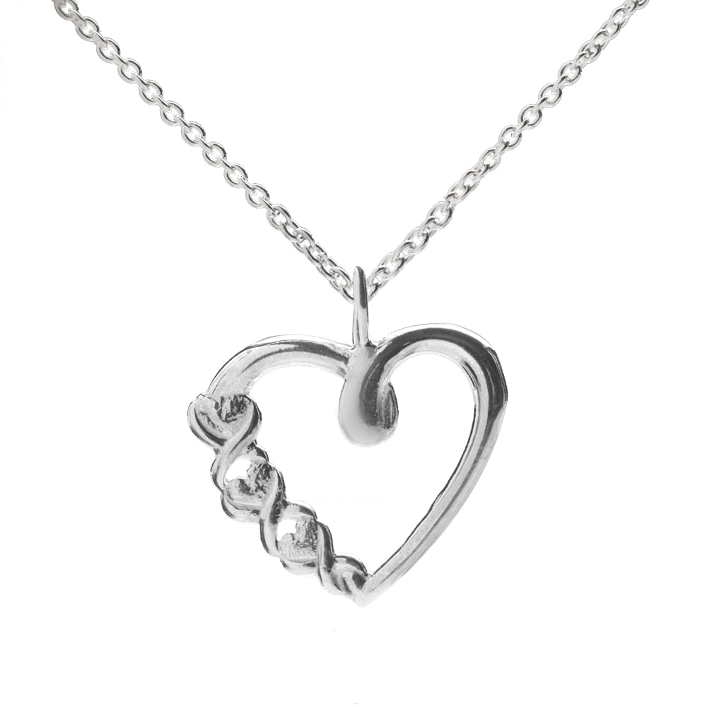 The Sterling Silver Open Heart XO Pendant Necklace features an open heart pendant with one side formed by small, connected hearts, hanging from a delicate chain on a white background.