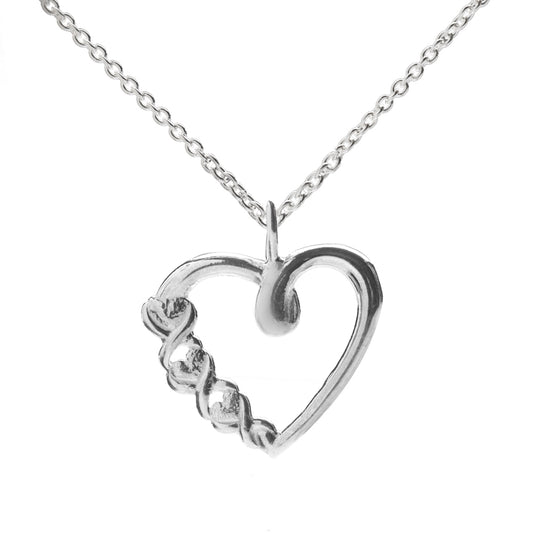 The Sterling Silver Open Heart XO Pendant Necklace features an open heart pendant with one side formed by small, connected hearts, hanging from a delicate chain on a white background.
