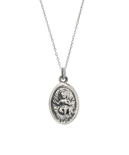The Sterling Silver Christ Child and Protector Pendant Necklace features a delicate chain and an oval pendant with a detailed image of the Christ Child, making it a timeless piece of religious jewelry.