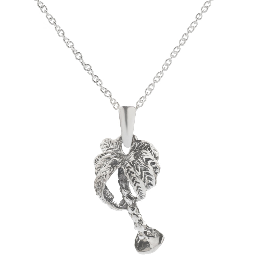The Sterling Silver Palm Tree Pendant Necklace, 18", adds a tropical touch to your look with its detailed palm tree design, perfect for any outfit.