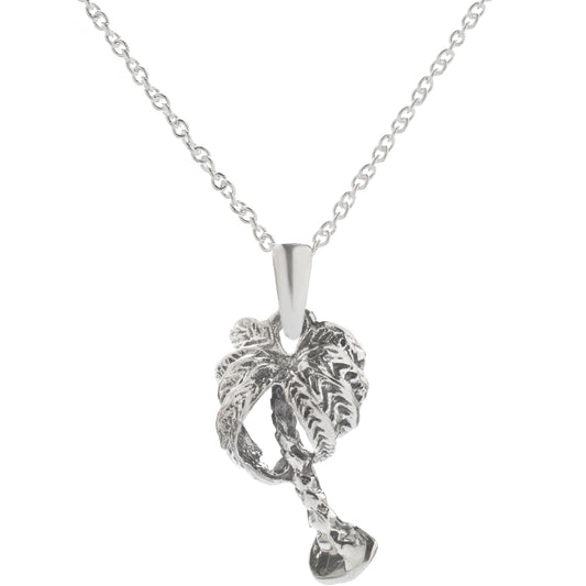 The Sterling Silver Palm Tree Pendant Necklace, 18", adds a tropical touch to your look with its detailed palm tree design, perfect for any outfit.