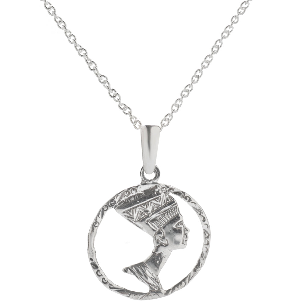 The Sterling Silver Queen Nefertiti Bust Oval Pendant Necklace features the ancient Egyptian queen's profile with a detailed headdress in an oval frame—an elegant piece inspired by Egyptian jewelry.