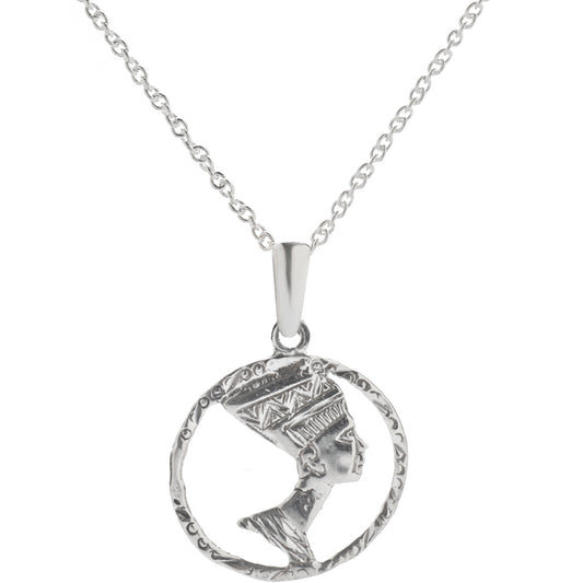 The Sterling Silver Queen Nefertiti Bust Oval Pendant Necklace features the ancient Egyptian queen's profile with a detailed headdress in an oval frame—an elegant piece inspired by Egyptian jewelry.