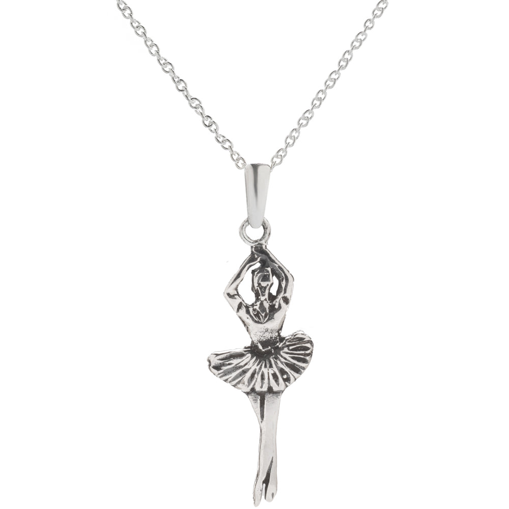 The Sterling Silver Dancing Ballerina Pendant Necklace features a tutu-clad ballerina with arms raised, hanging from a delicate chain—an elegant ballet-inspired jewelry piece.