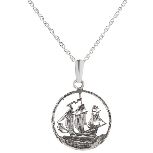 Sterling Silver Pirate Ship Pendant Necklace, 18"—features a round pendant with a detailed cutout of an old sailing ship on water, hanging from a delicate chain.