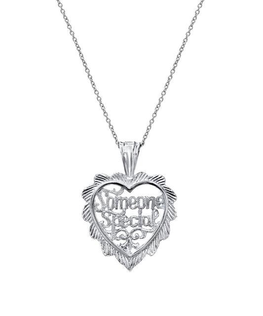 The Sterling Silver Someone Special Heart Pendant Necklace features a heart-shaped pendant with intricate detailing and "Someone Special" engraved at the center, hanging gracefully from a delicate silver chain.