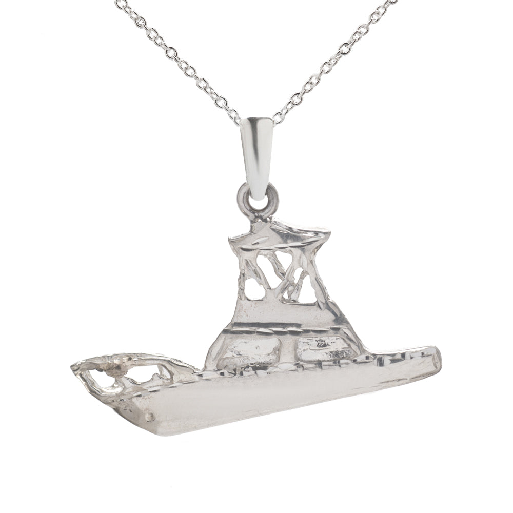 The Sterling Silver Sport Fishing Boat Pendant Necklace features a detailed cabin design on a fine chain, showcased against a white background.