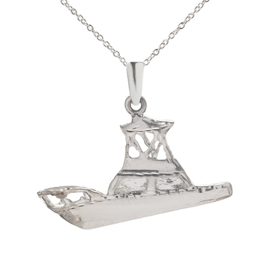 The Sterling Silver Sport Fishing Boat Pendant Necklace features a detailed cabin design on a fine chain, showcased against a white background.
