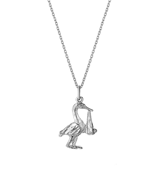 The Sterling Silver Stork Delivering Baby Pendant Necklace adds charm and makes a perfect baby necklace or thoughtful gift for new parents.