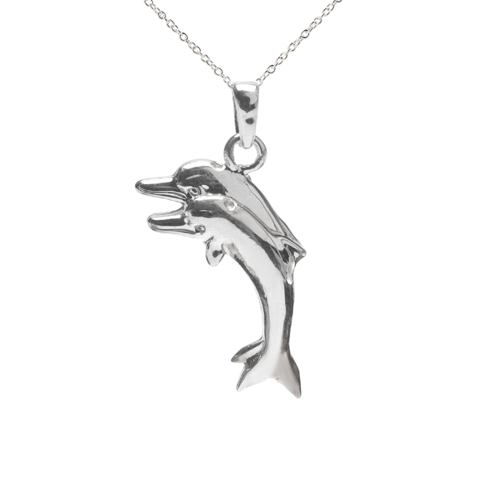The Sterling Silver Dolphin Pod Pendant Necklace features a dolphin design on a fine chain, displayed against a white background—an ideal accessory for fans of ocean-inspired jewelry.