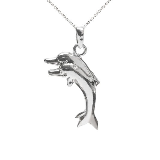 The Sterling Silver Dolphin Pod Pendant Necklace features a dolphin design on a fine chain, displayed against a white background—an ideal accessory for fans of ocean-inspired jewelry.