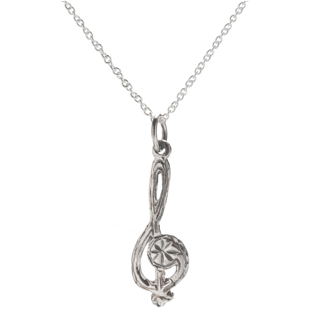 The Sterling Silver Treble Clef Pendant Necklace features an elegant treble clef design with a round, faceted gem set in the lower curve—an ideal accessory for music lovers.