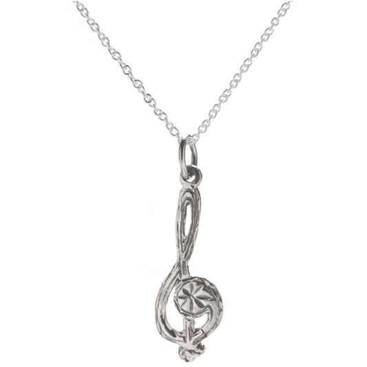 The Sterling Silver Treble Clef Pendant Necklace features an elegant treble clef design with a round, faceted gem set in the lower curve—an ideal accessory for music lovers.