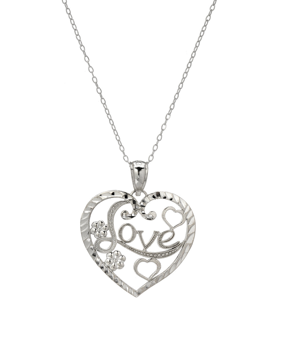 The Sterling Silver Love in Heart Pendant Necklace features a delicate heart pendant with "Love" in cursive, accented by a small flower and an extra open heart design.