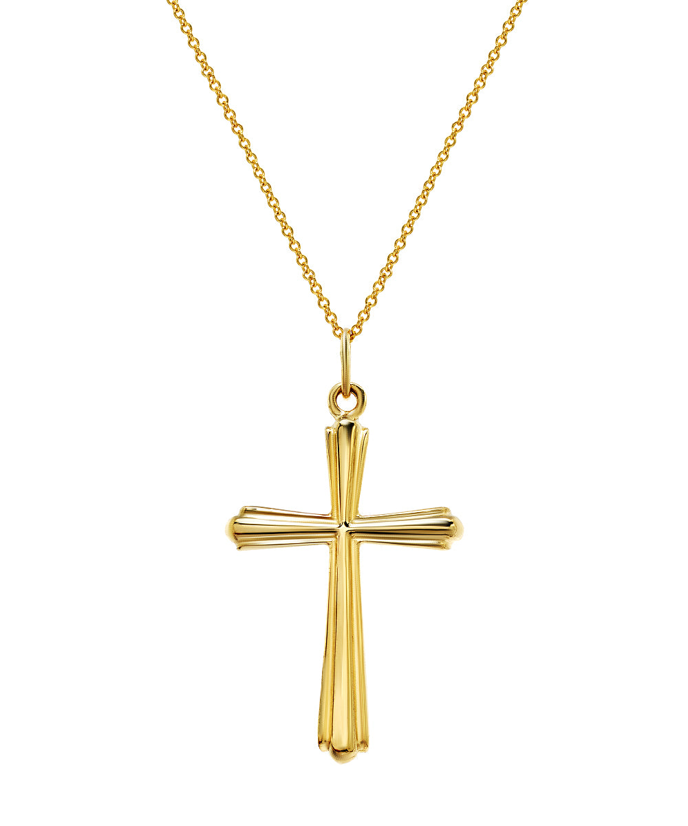 The 14 Karat Yellow Gold Embossed Cross Pendant Necklace features a polished, grooved cross with rounded edges, elegantly hanging from an Italian rolo chain against a white background.