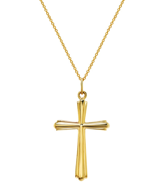 The 14 Karat Yellow Gold Embossed Cross Pendant Necklace features a polished, grooved cross with rounded edges, elegantly hanging from an Italian rolo chain against a white background.