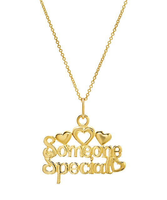 The 14 Karat Yellow Gold Someone Special Pendant Necklace features a cursive "Someone Special" inscription and three gold hearts above the words.