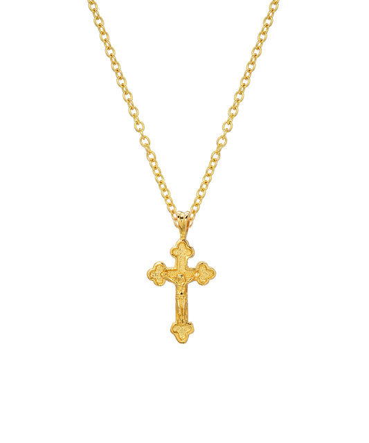 The 14 Karat Yellow Gold Crucifix Cross Pendant Necklace, 18", features intricate designs and rounded edges, with the gold cross pendant displayed on a white background.