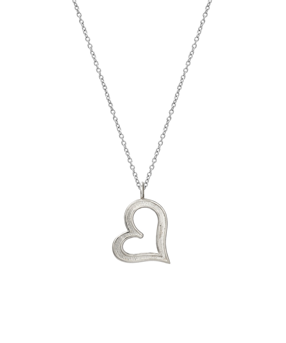 The Sterling Silver Sideways Heart Pendant Necklace, 18", features a minimalist fine chain with an open heart pendant, displayed centrally on a plain white background.