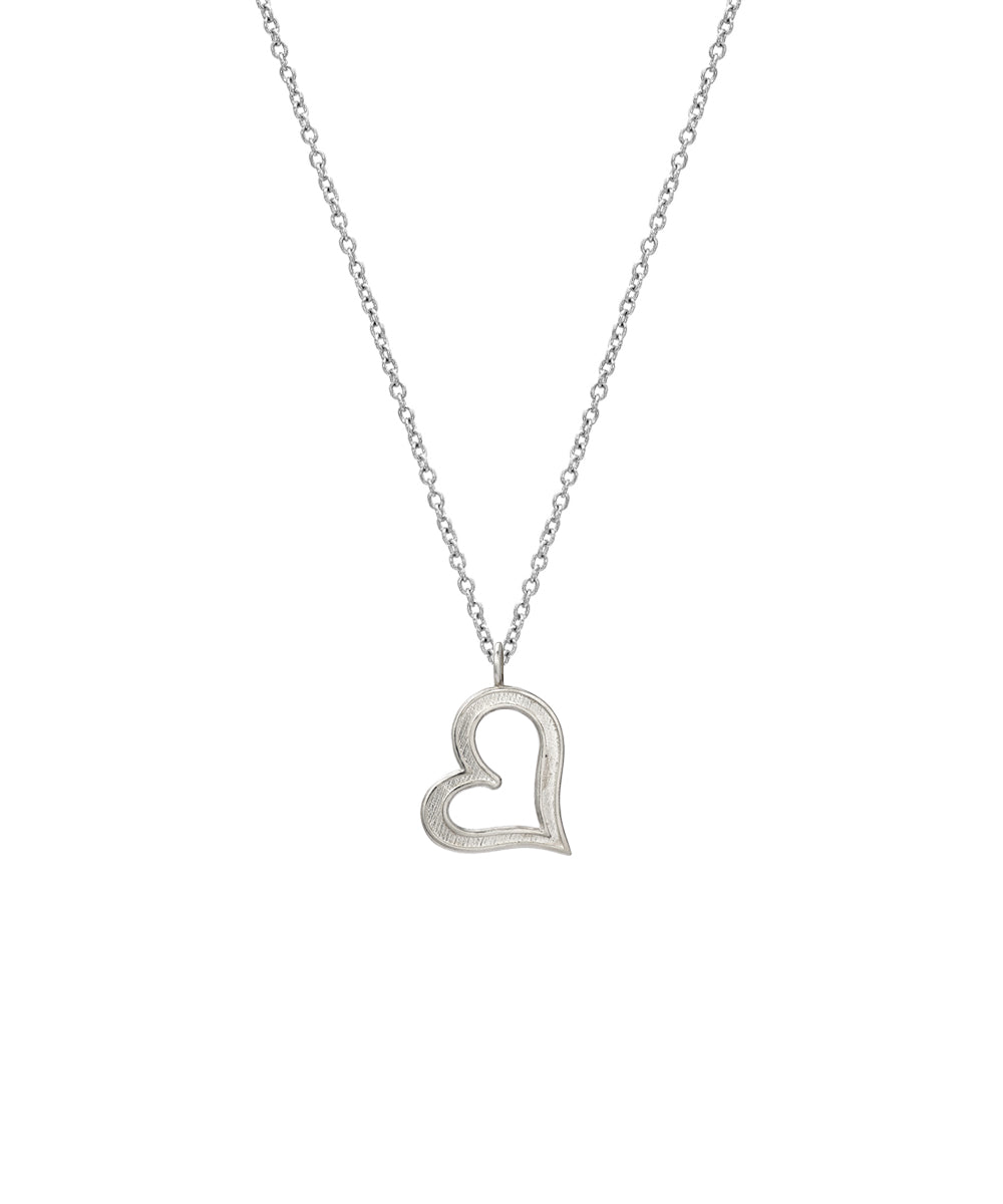 The Sterling Silver Sideways Heart Pendant Necklace, 18", features a thin chain and an open-centered heart pendant, shown on a plain white background.