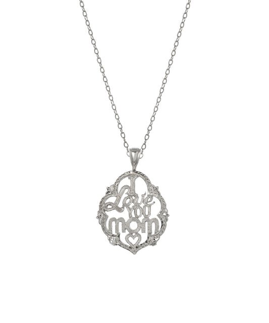 The Sterling Silver I love You Mom Pendant Necklace, 18", features an elegant "Love you mom" pendant accented with a floral border and heart—an ideal gift to cherish always.