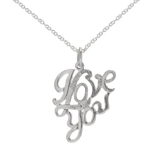 The Sterling Silver I Love You Pendant Necklace features an elegant cursive script on a delicate chain, making it a perfect gift for her and beautifully displayed against a plain white background.