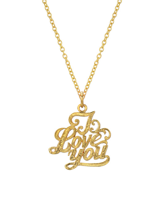 The 14 Karat Yellow Gold I Love You Pendant Necklace, 18", showcases a decorative cursive pendant with a textured finish on a classic Italian rolo chain.
