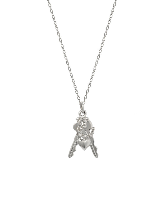 The Sterling Silver Keys To My Heart Pendant Necklace, 16", showcases two small key charms, a beaded ring, and a heart pendant grouped together on a delicate chain.