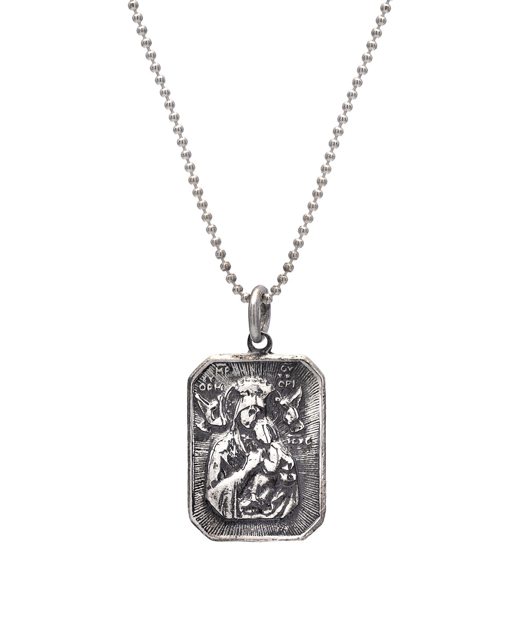 The Sterling Silver Mother Mary Medallion Pendant Necklace, 18", features a 925 silver rectangular pendant with a raised image of Mother Mary holding a child, angelic figures, and engraved text above on a beaded chain.