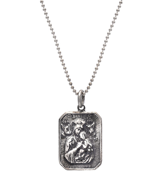 The Sterling Silver Mother Mary Medallion Pendant Necklace, 18", features a 925 silver rectangular pendant with a raised image of Mother Mary holding a child, angelic figures, and engraved text above on a beaded chain.