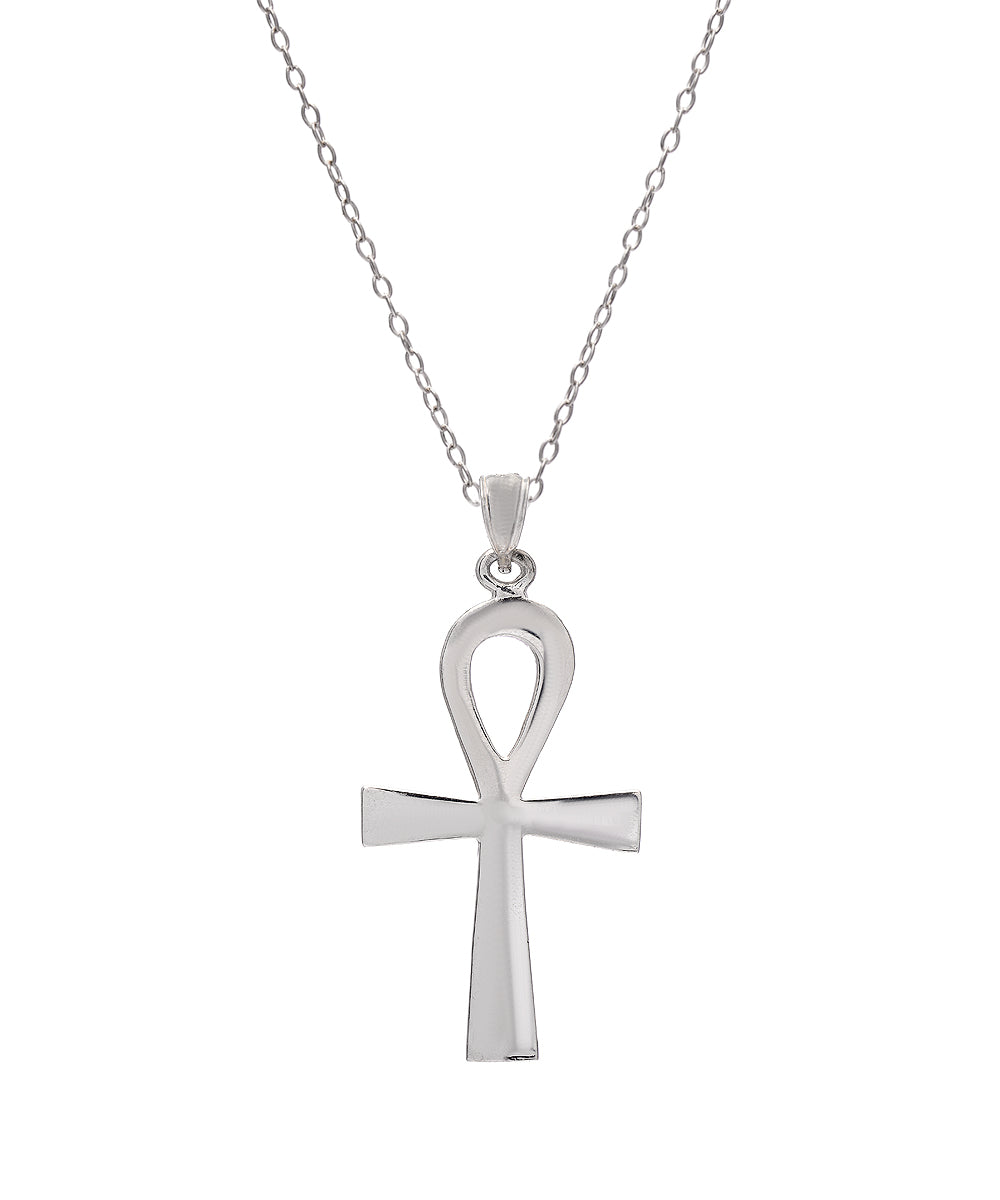 The Sterling Silver Flat Ankh Pendant Necklace, 18", is shown on a plain white background—an ideal choice for those who appreciate spiritual jewelry and elegant, minimalist design.